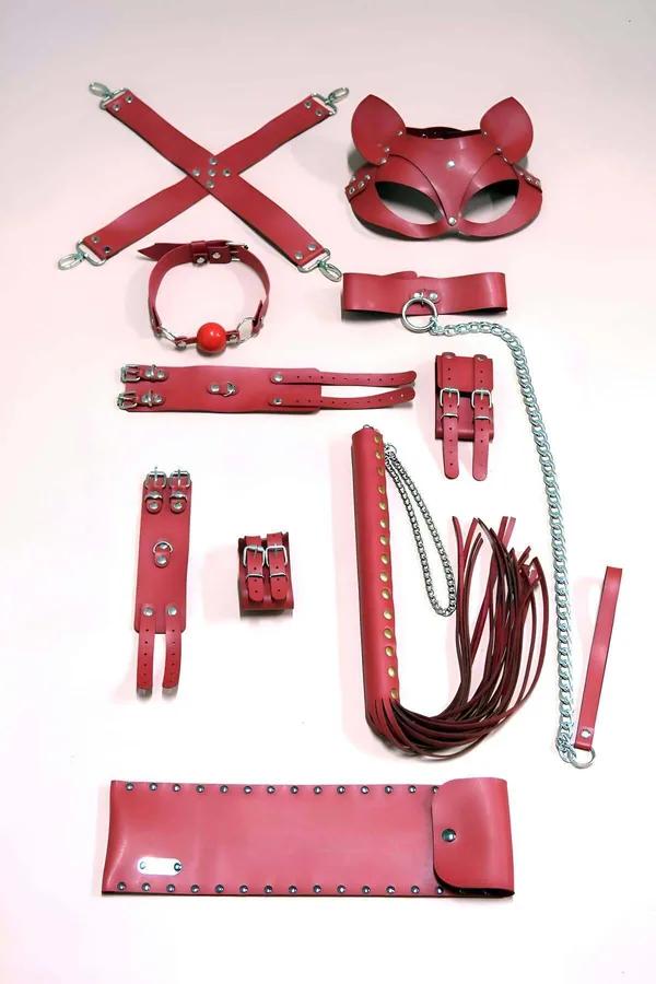 Red Faux Leather Intimate Accessory Set with Cat Mask