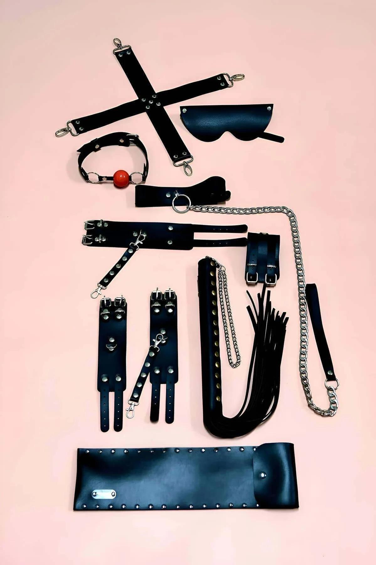 Black Vegan Leather Accessory & Restraint Set, 7-Piece