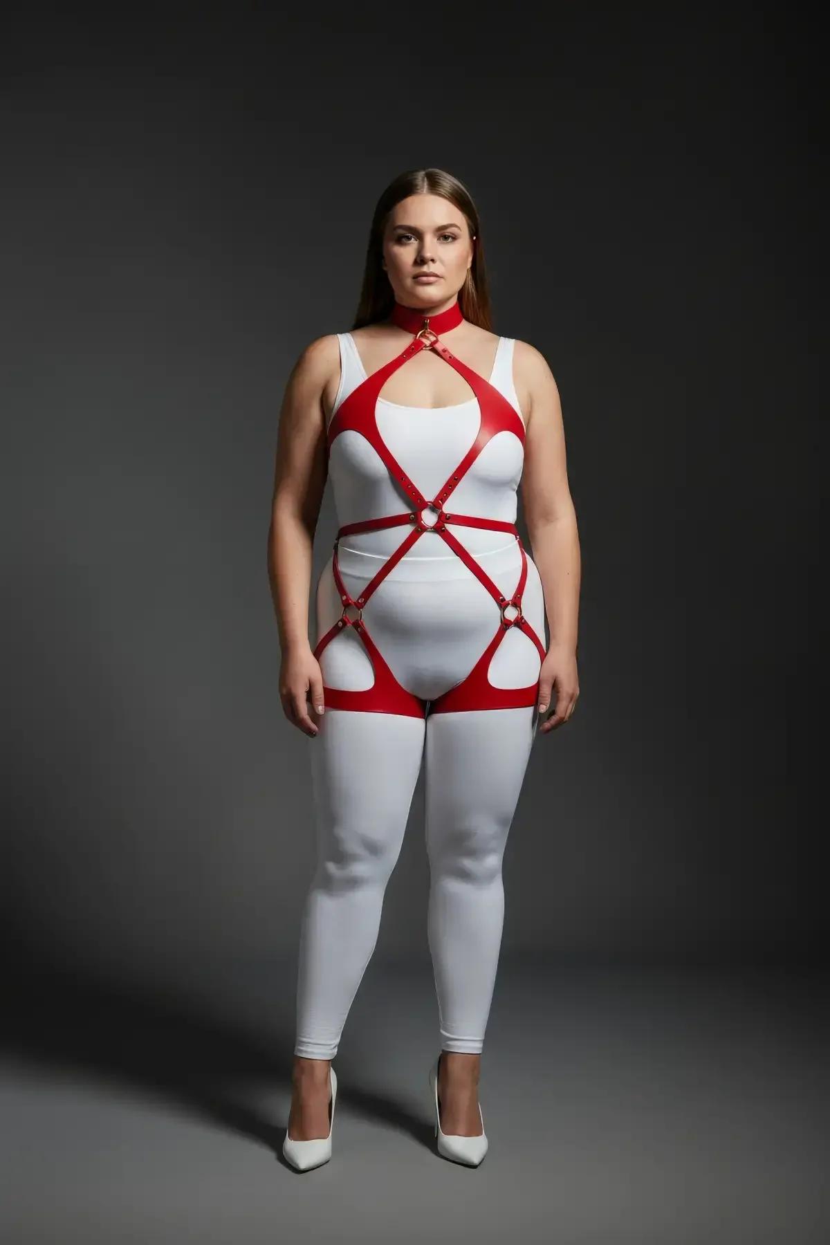 Red Faux Leather Full Body Harness with O-Ring Details
