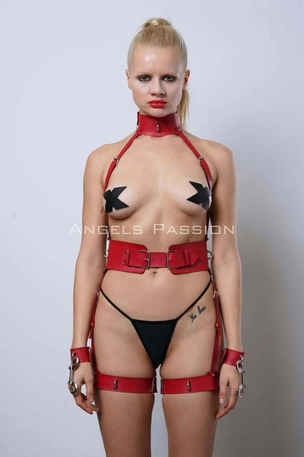 Red Faux Leather Body Harness Set with Garter Straps