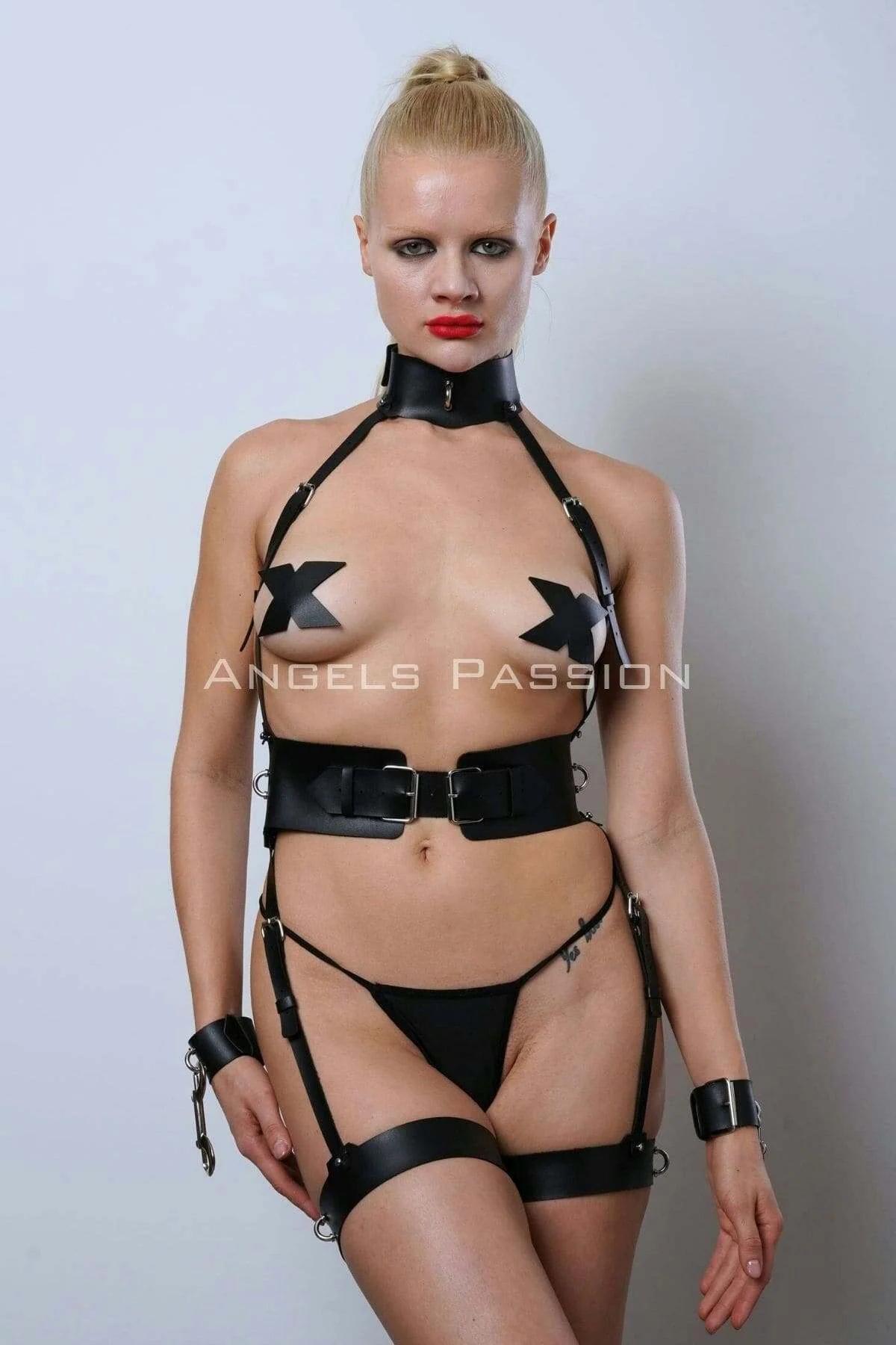 Black Faux Leather Full Body Harness with Collar & Cuffs
