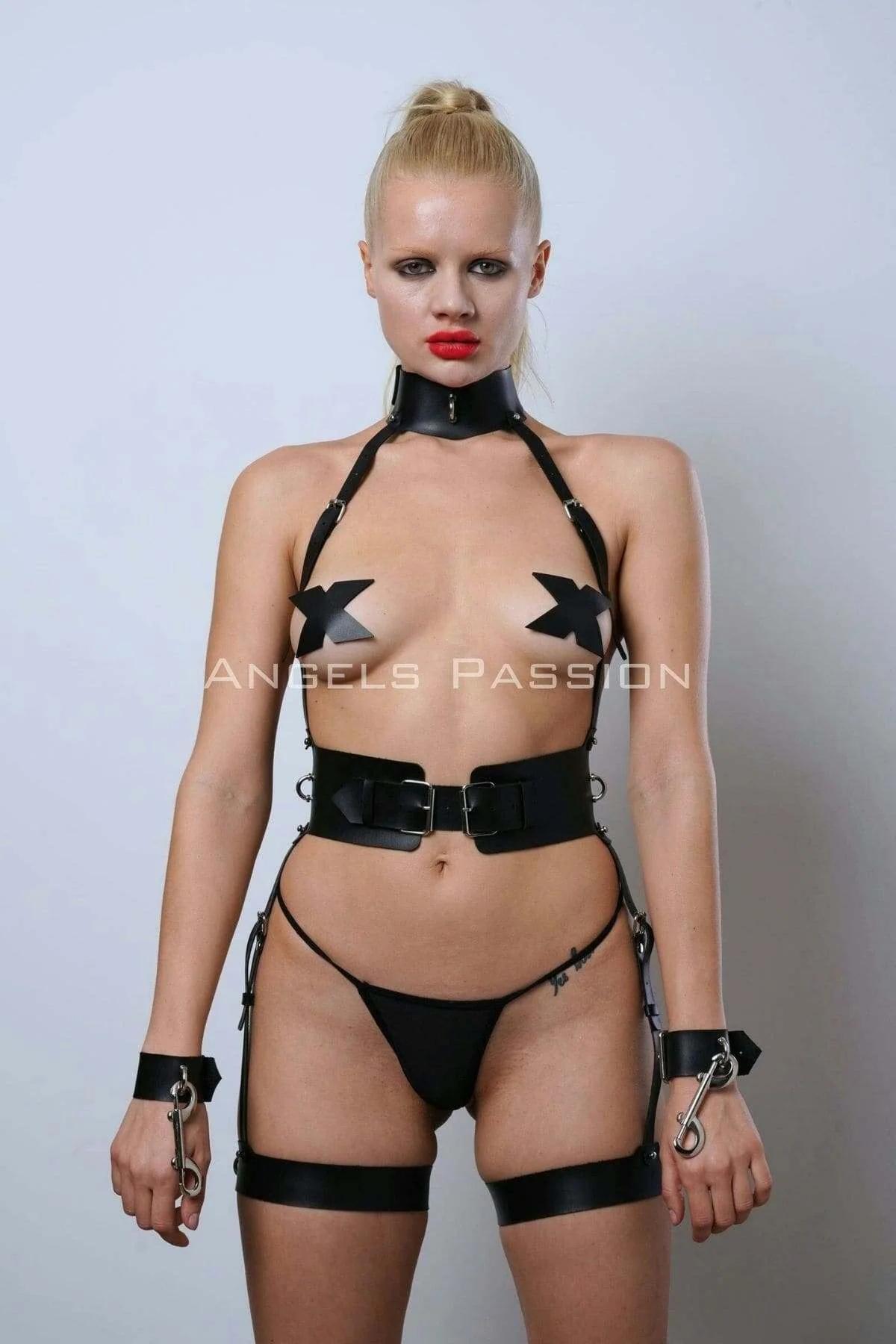 Black Faux Leather Full Body Harness with Collar & Cuffs