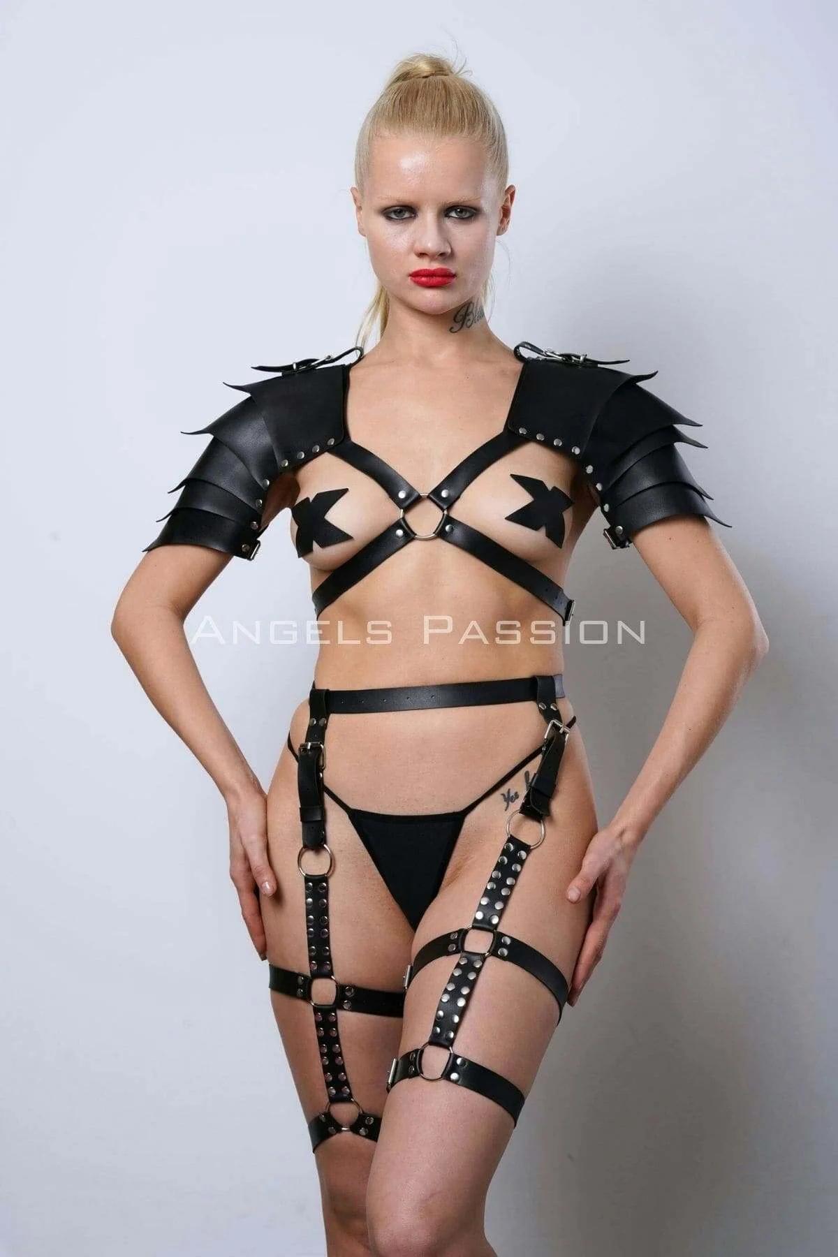 Gladiator Style Faux Leather Harness Set with Studded Shoulder Pads
