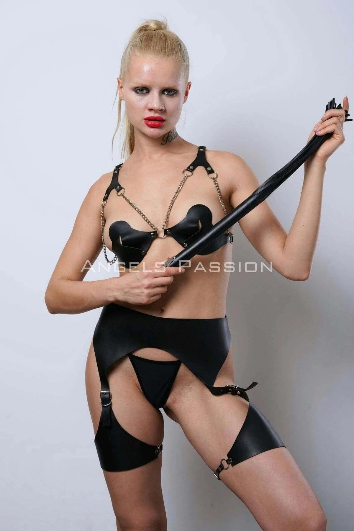 Faux Leather Harness Bra & Garter Belt Set with Leg Straps