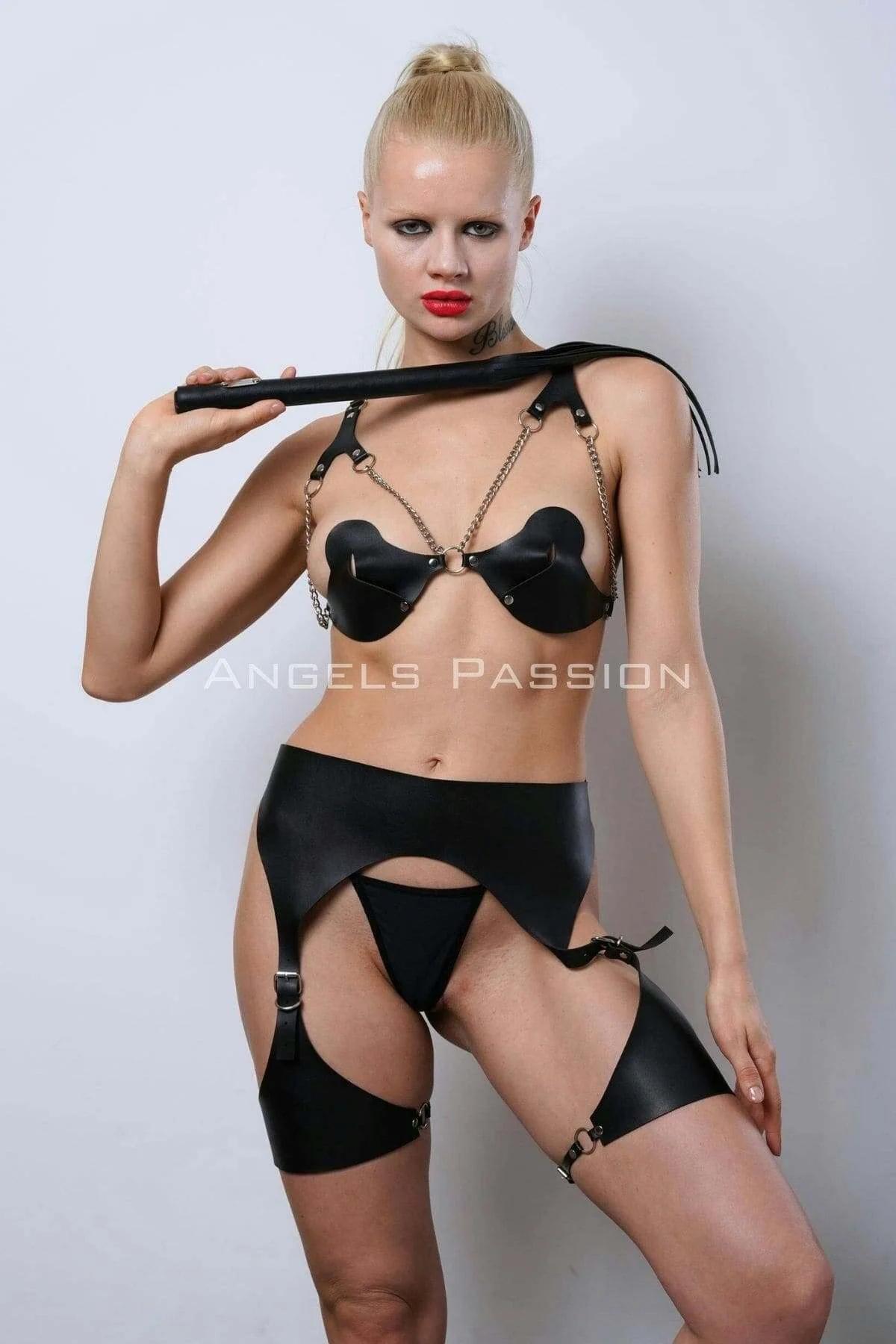Faux Leather Harness Bra & Garter Belt Set with Leg Straps