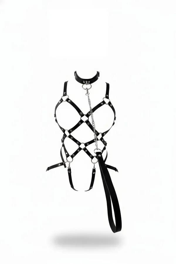 Caged Body Harness with Detachable Chain and Leash