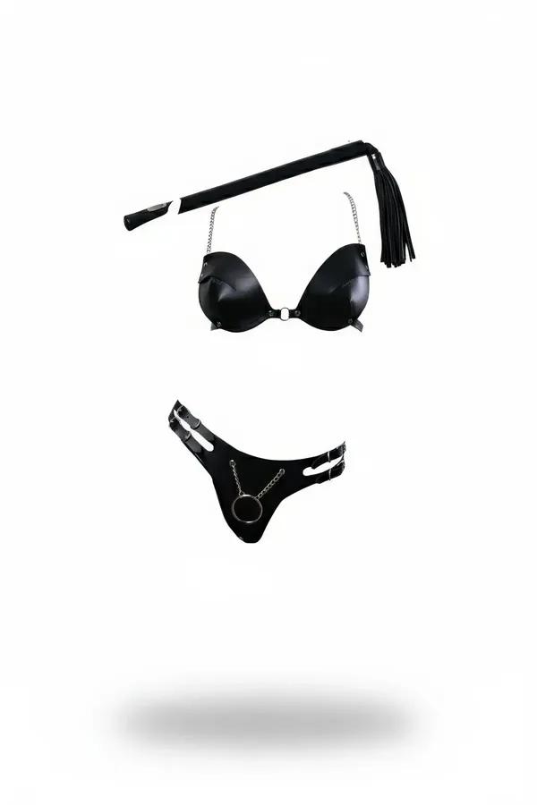 Faux Leather Bra & Thong Lingerie Set with Chains