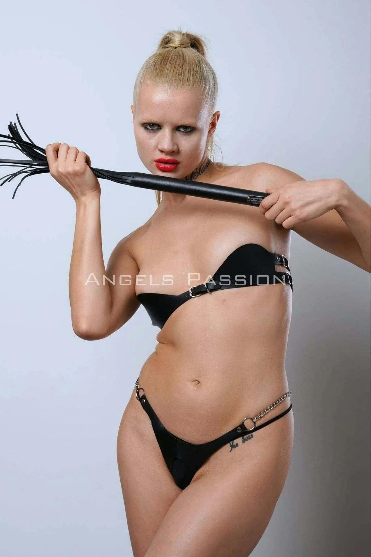 Adjustable Faux Leather Bralette and Thong Set with Chains