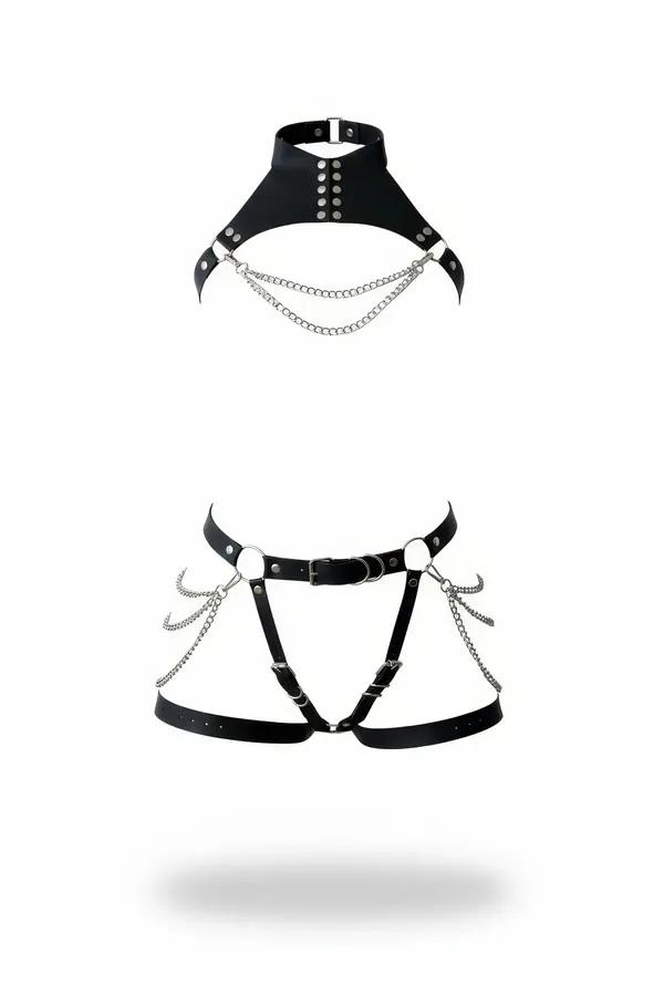 Choker Chest Harness and Thigh Garter Set with Draping Chains