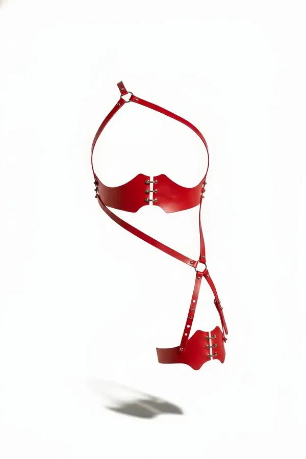 Red Faux Leather Full Body Harness with Garter Detail