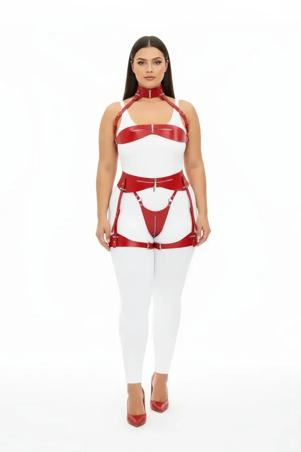 Red Patent Faux Leather Body Harness & Garter Set