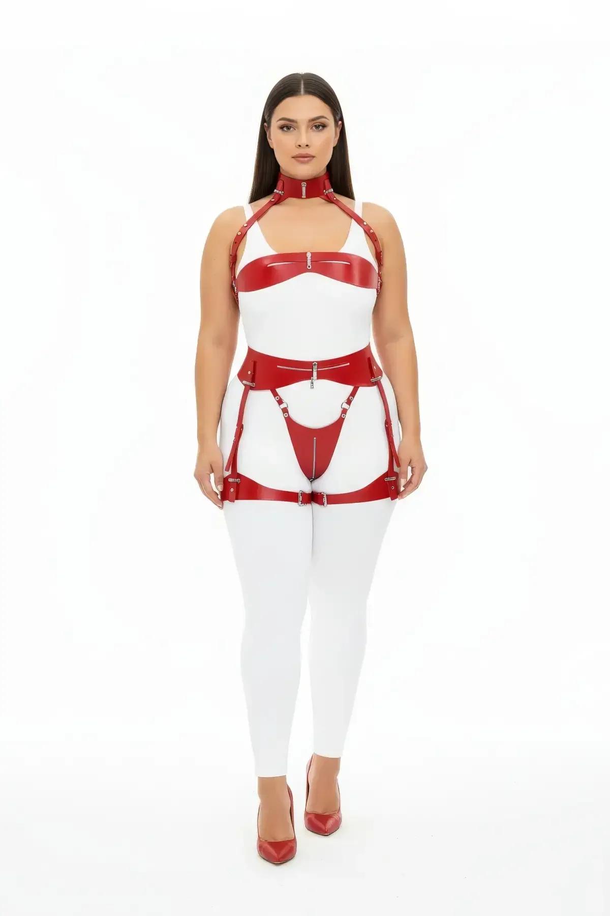 Red Patent Faux Leather Body Harness & Garter Set