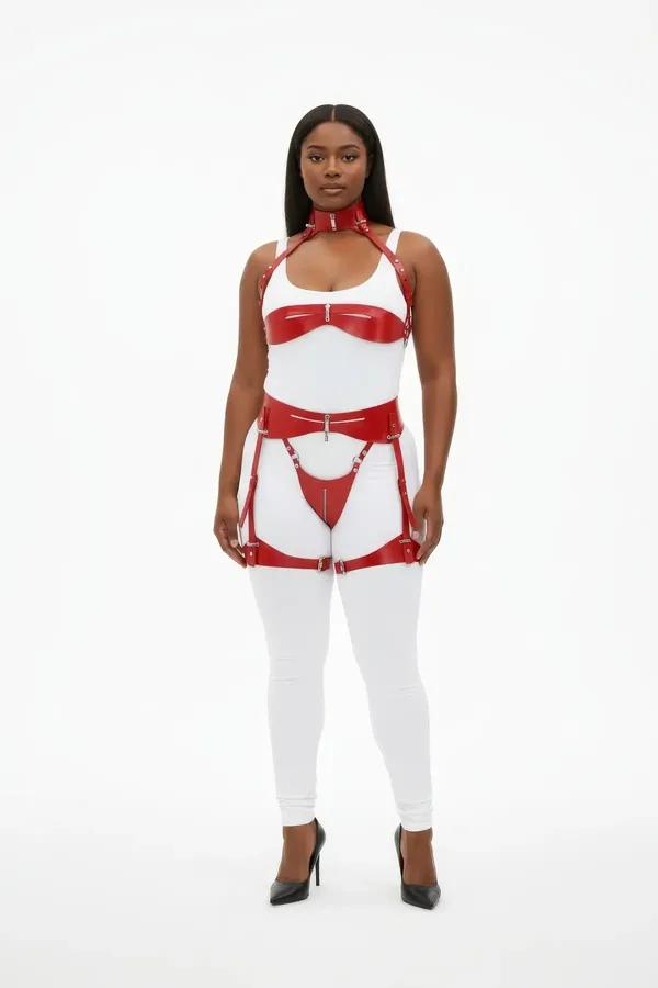 Red Patent Faux Leather Body Harness & Garter Set
