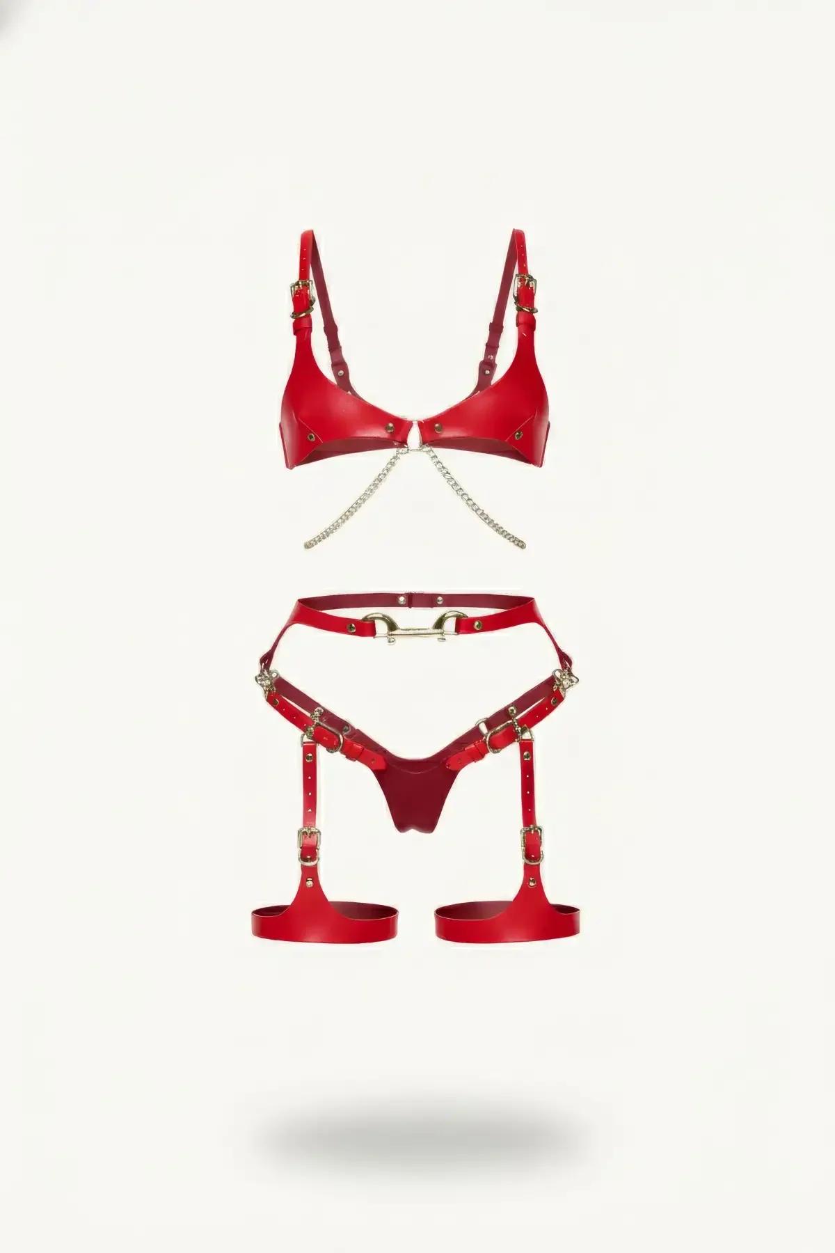 Red Vegan Leather Harness Bra & Garter Set with Chains