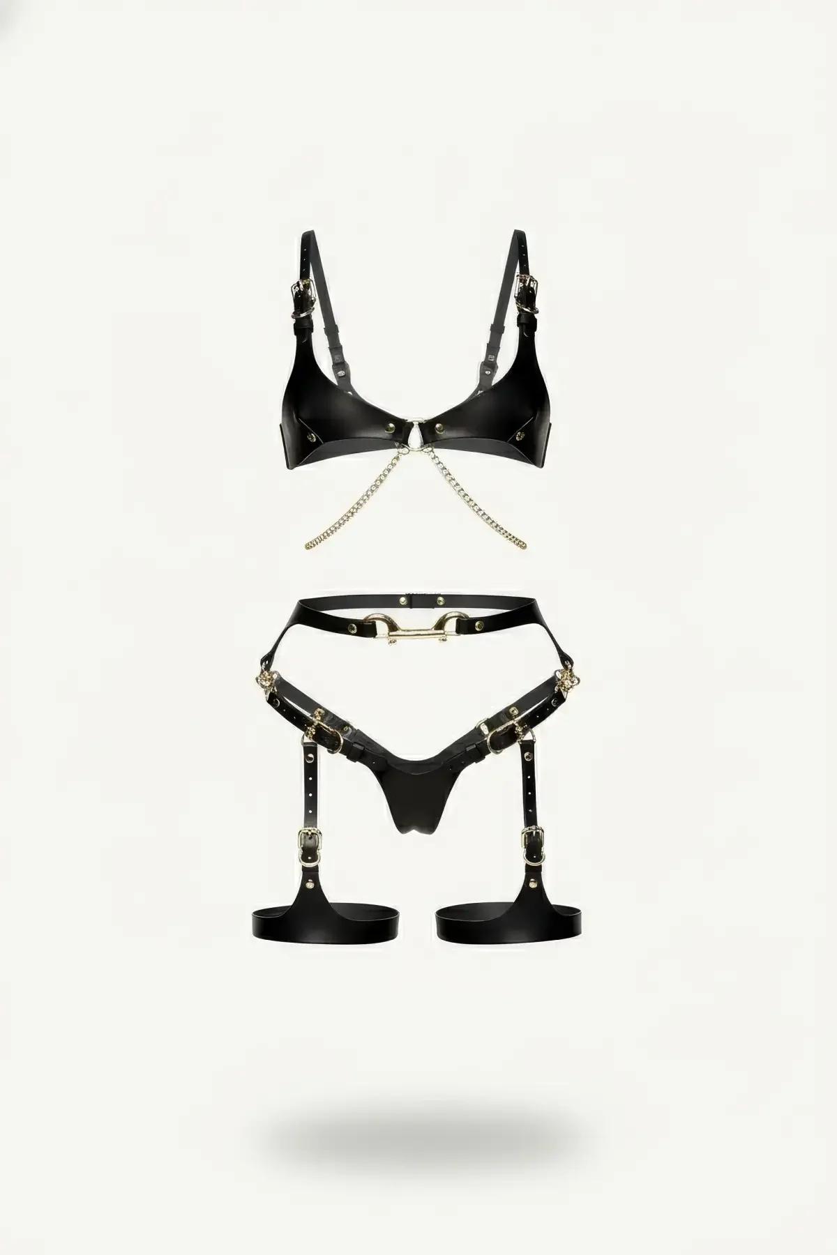Faux Leather Bra Harness Set with Chain & Garter Straps