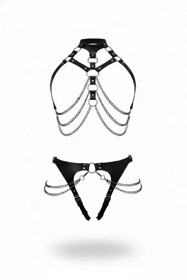 Faux Leather Full Body Harness Set with Chain Details