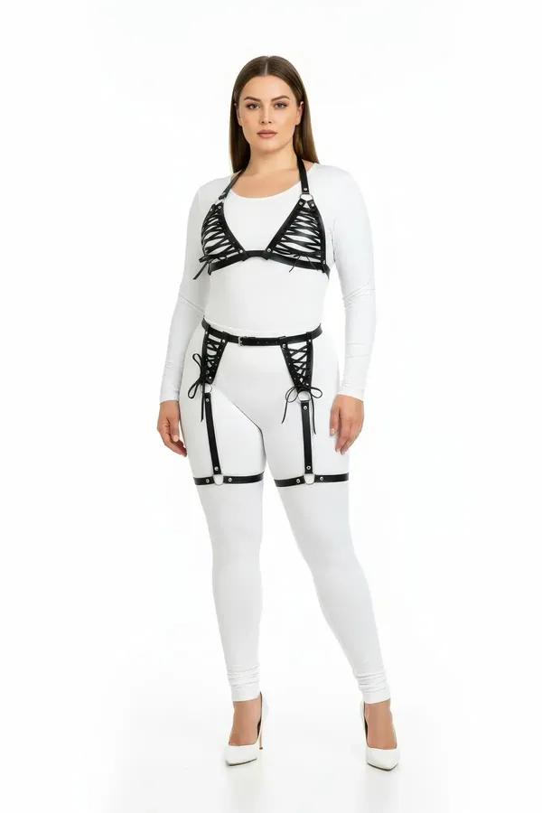 Lace-Up Faux Leather Body Harness with Garter Straps