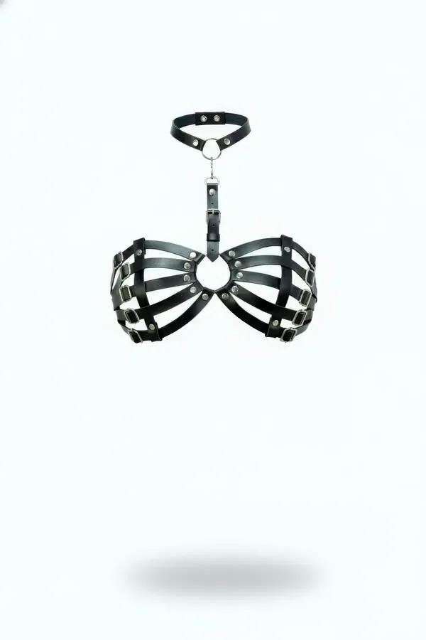 Black Faux Leather Cage Chest Harness with Choker