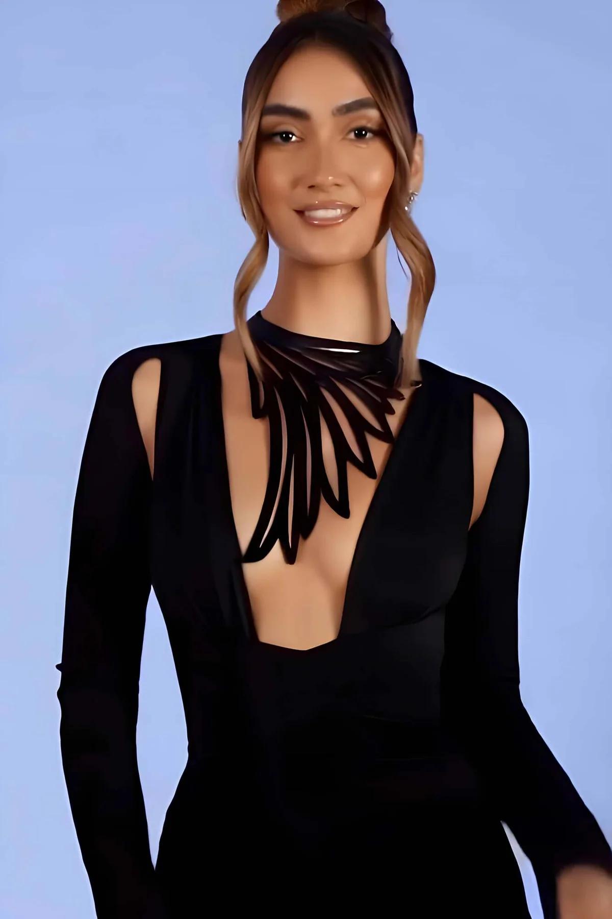 Laser Cut Wing Choker Black Faux Leather