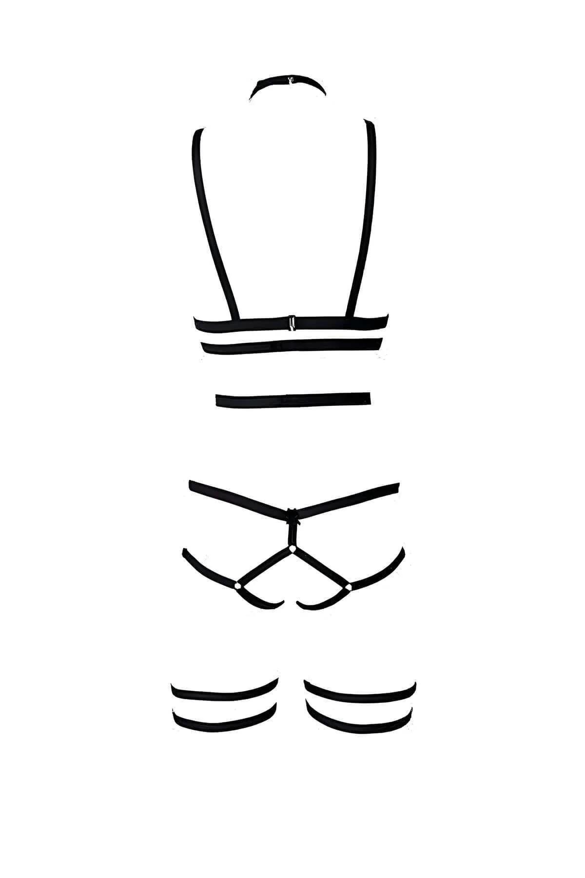 Strappy Body Harness Lingerie Set with Leg Garters