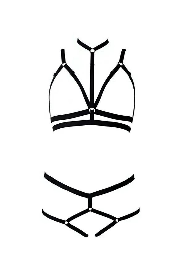 Black Elastic Caged Harness Bra & Thong Set