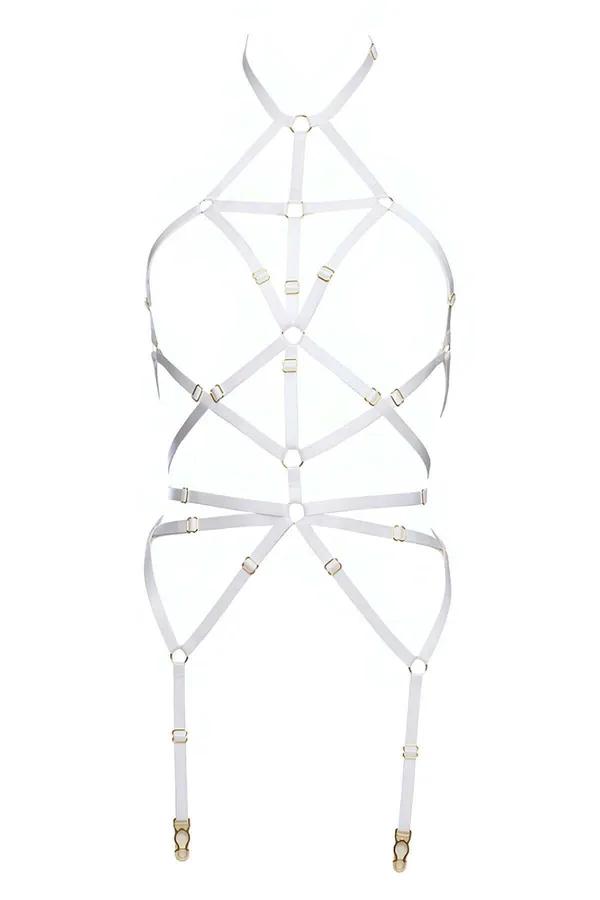 White Lace Caged Body Harness with Garter Straps