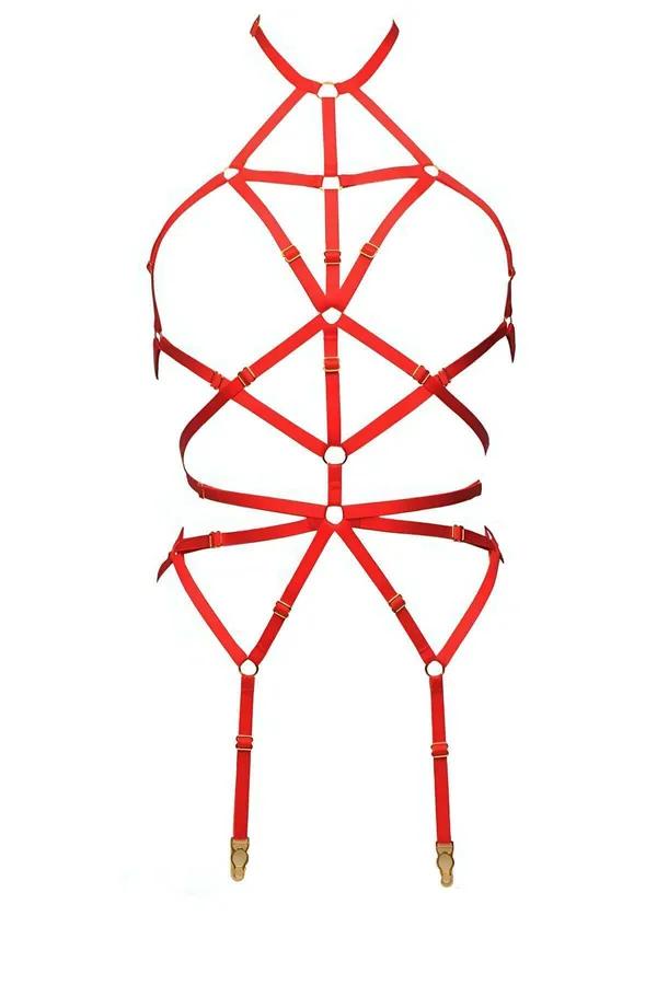 Strappy Red Harness with Garter Clips