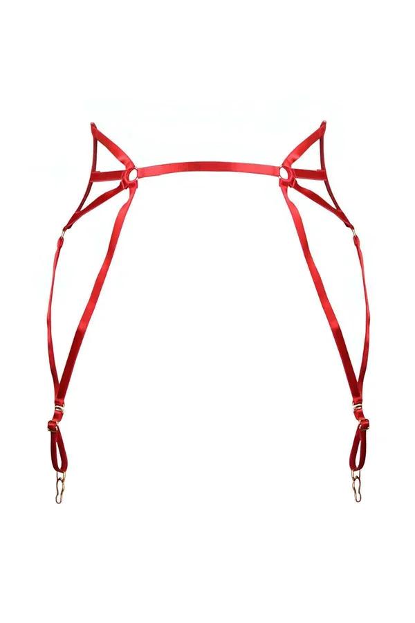Red Strappy Garter Harness with O-Ring Chest Detail