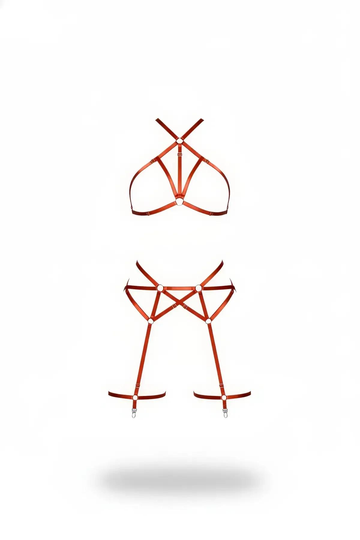 Rust Orange Caged Harness Bra and Garter Set