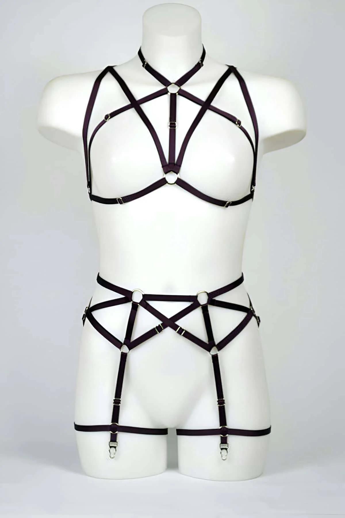 Strappy Pentagram Harness Bra & Garter Belt Set