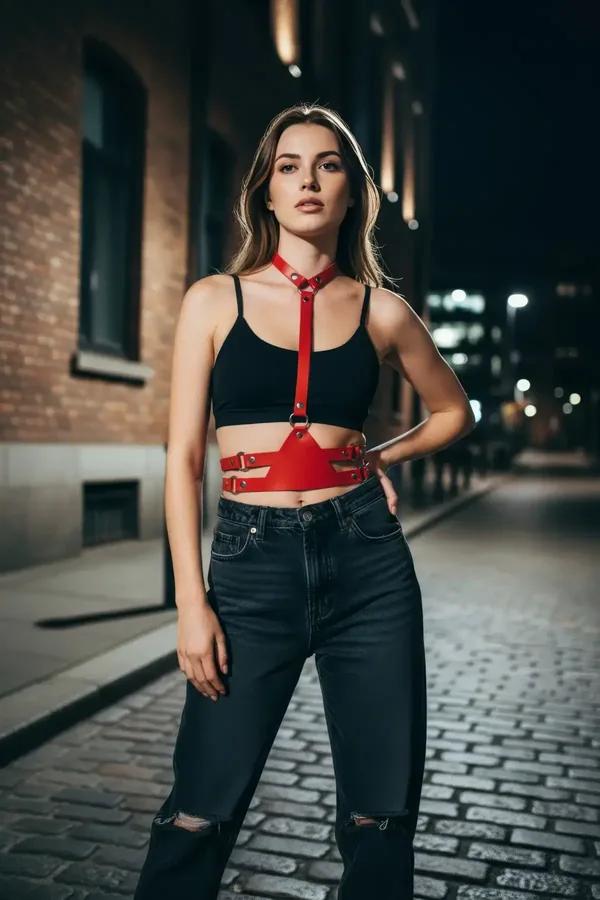 Red Faux Leather Halter Underbust Harness with Buckles
