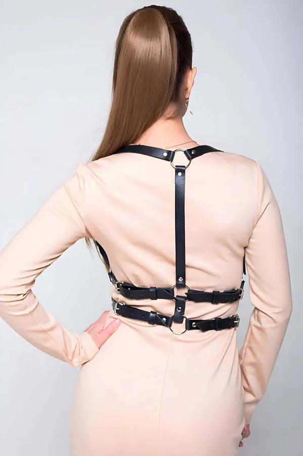 Black Strappy Chest Harness with O-Ring Accent