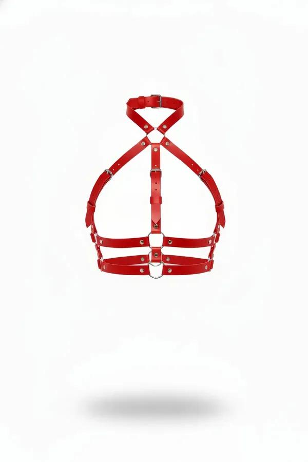 Red Halter Chest Harness with O-Ring Detail
