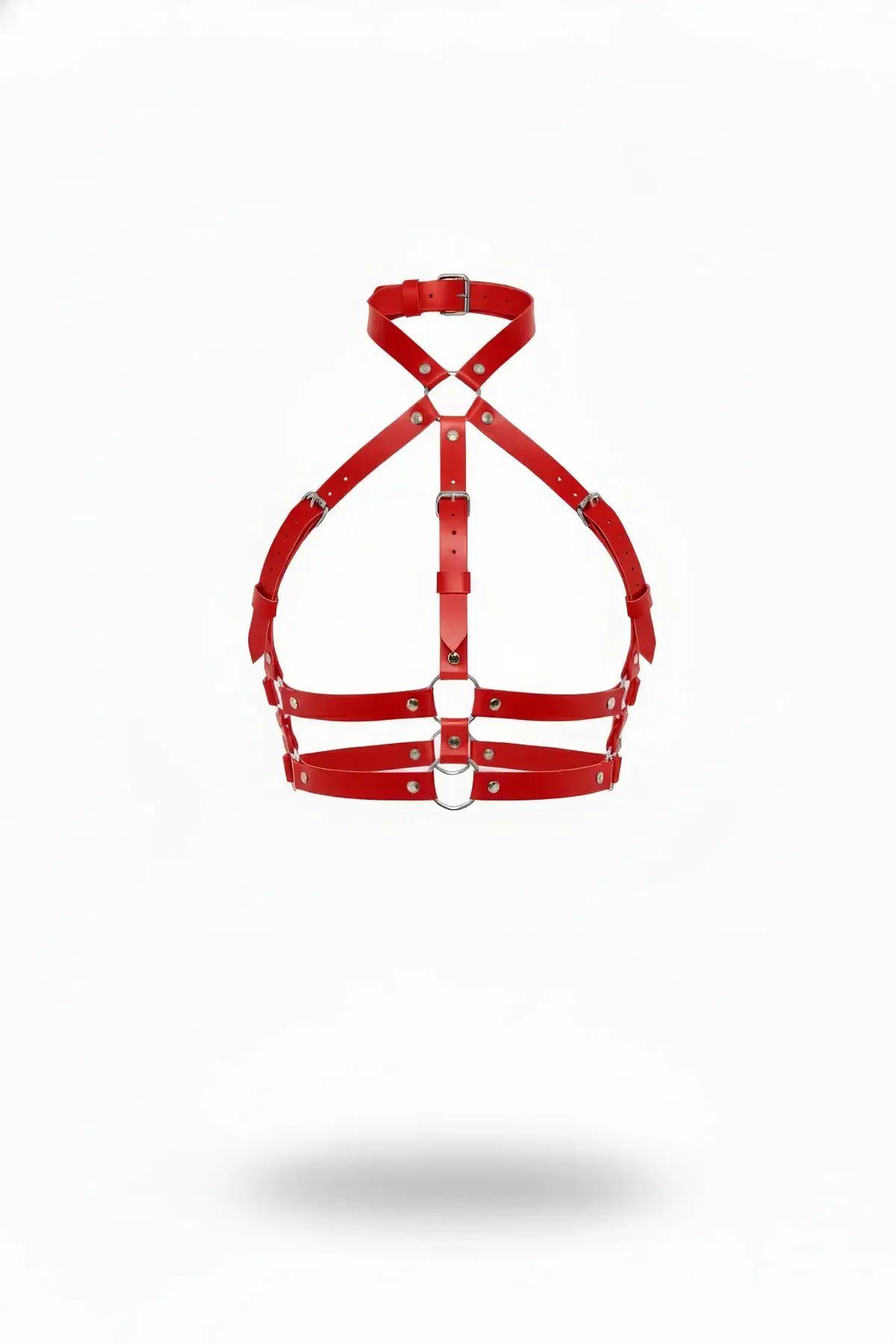 Red Halter Chest Harness with O-Ring Detail