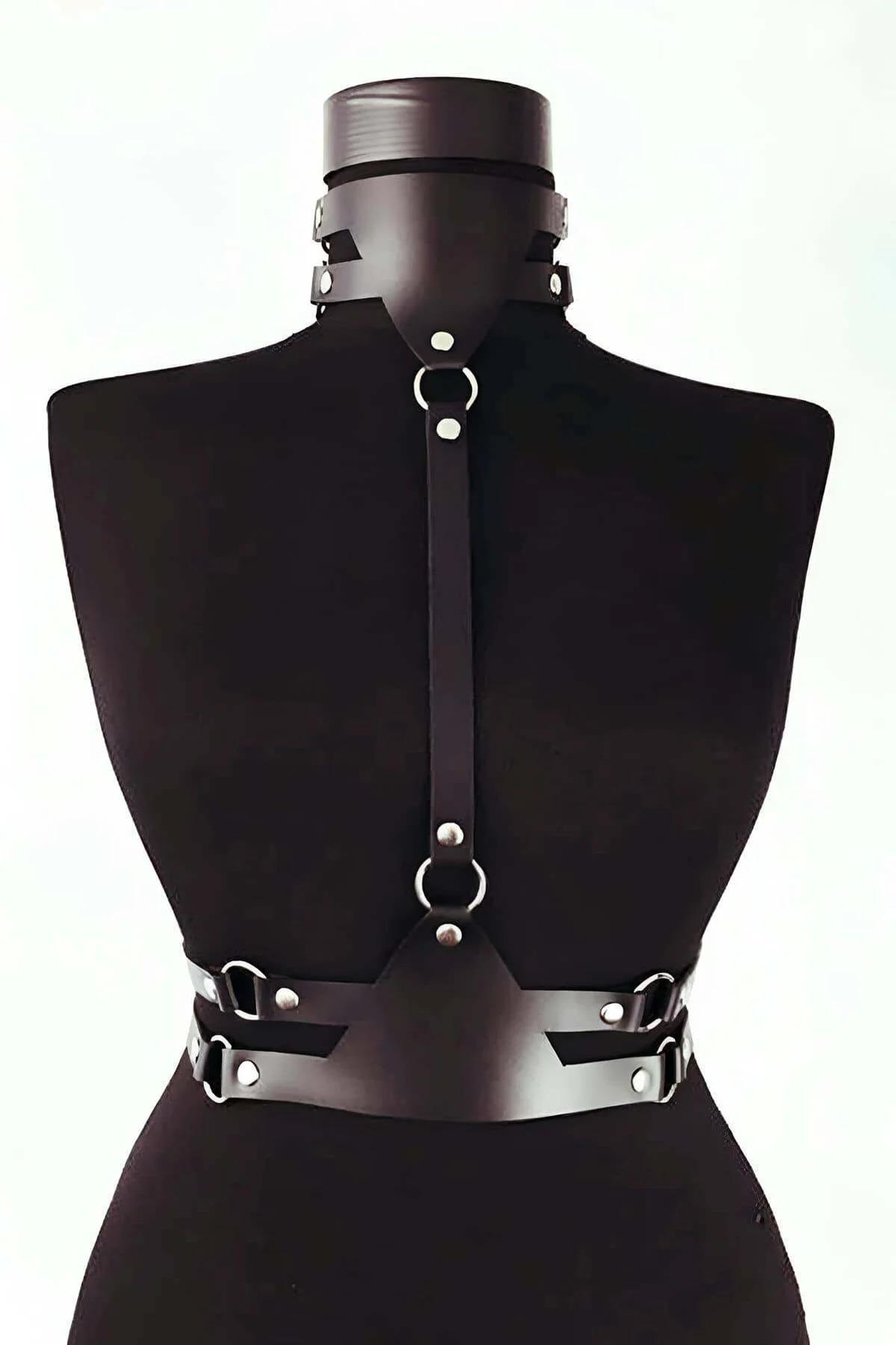 Black Faux Leather Body Harness with O-Ring Accents