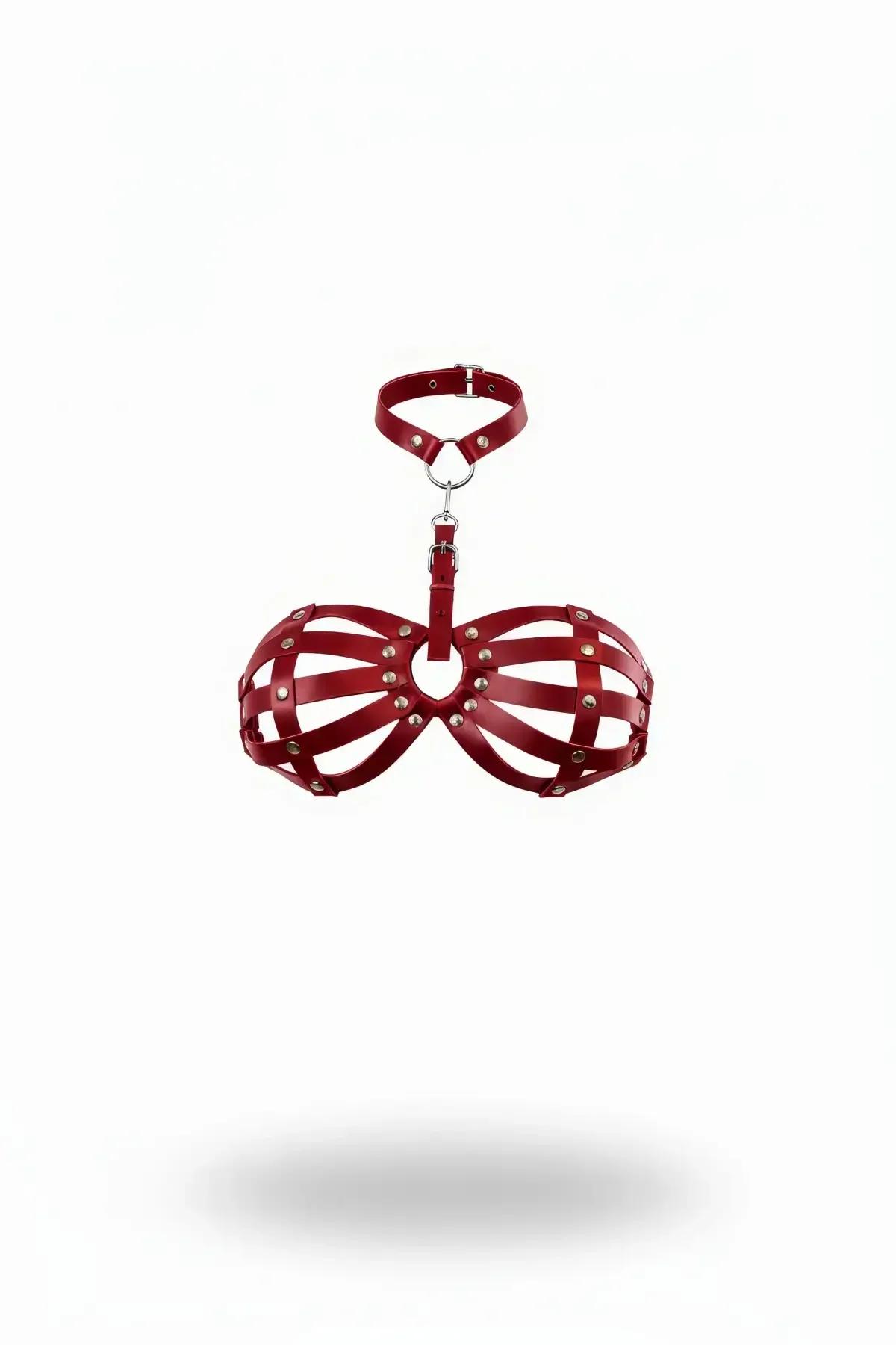 Red Caged Chest Harness with Stud Details & Choker