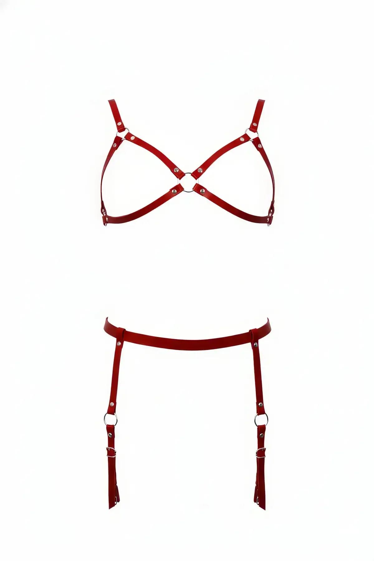 Red Vegan Leather Harness Bra & Garter Set