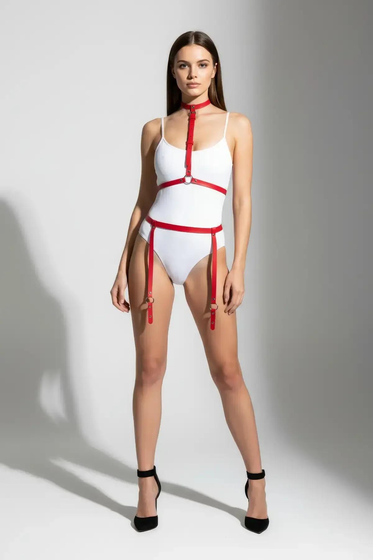 Red Strappy Body Harness with Choker and Garter Straps