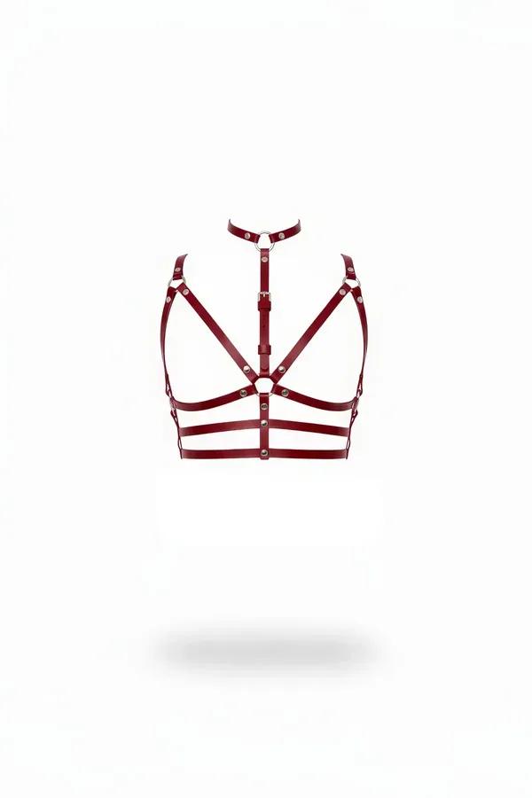 Claret Red Strappy Chest Harness with O-Rings