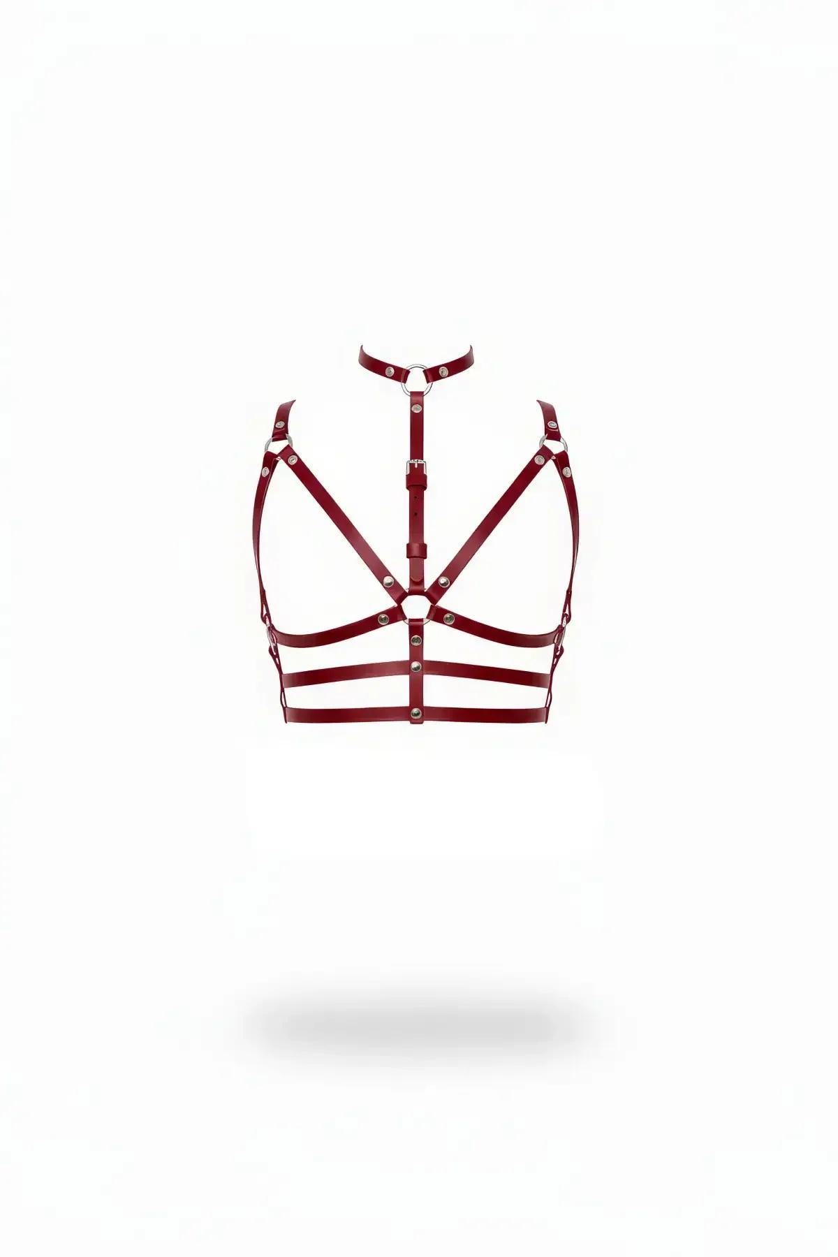 Claret Red Strappy Chest Harness with O-Rings