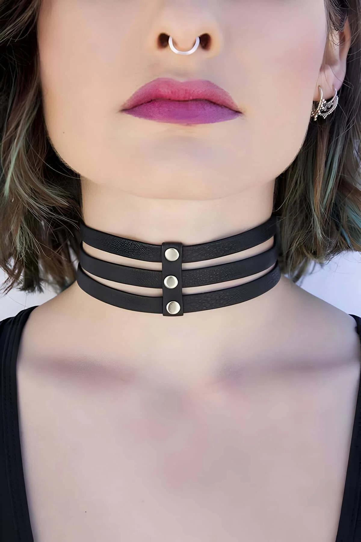 Triple Strap Choker with Silver Studs