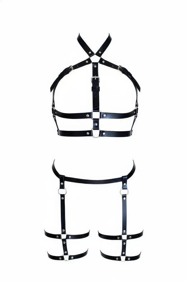 Caged Faux Leather Body Harness & Thigh Garter Set