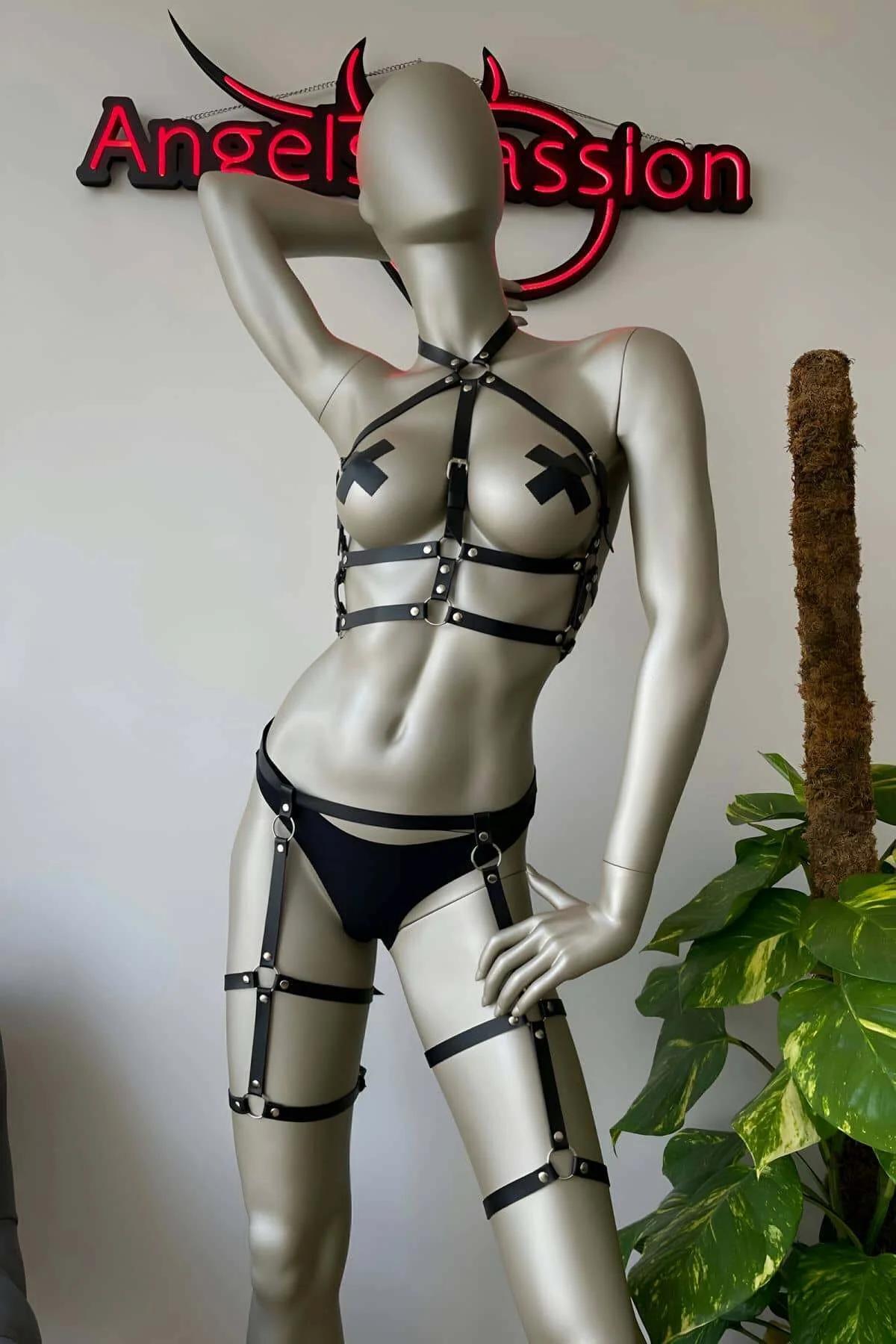 Adjustable Faux Leather Full Body Harness with Thigh Garters