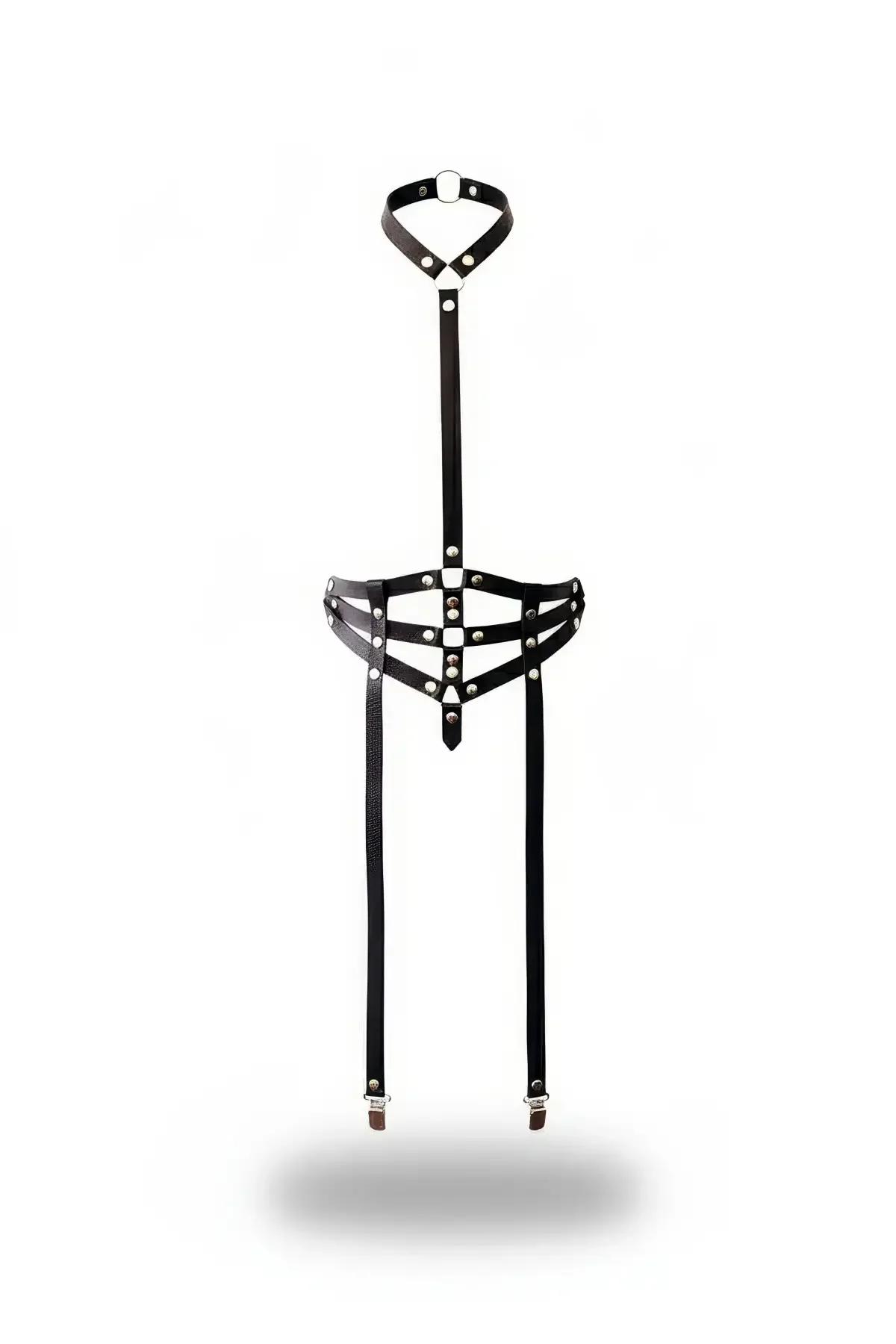 Caged Waist & Neck Body Harness with Adjustable Garter Straps