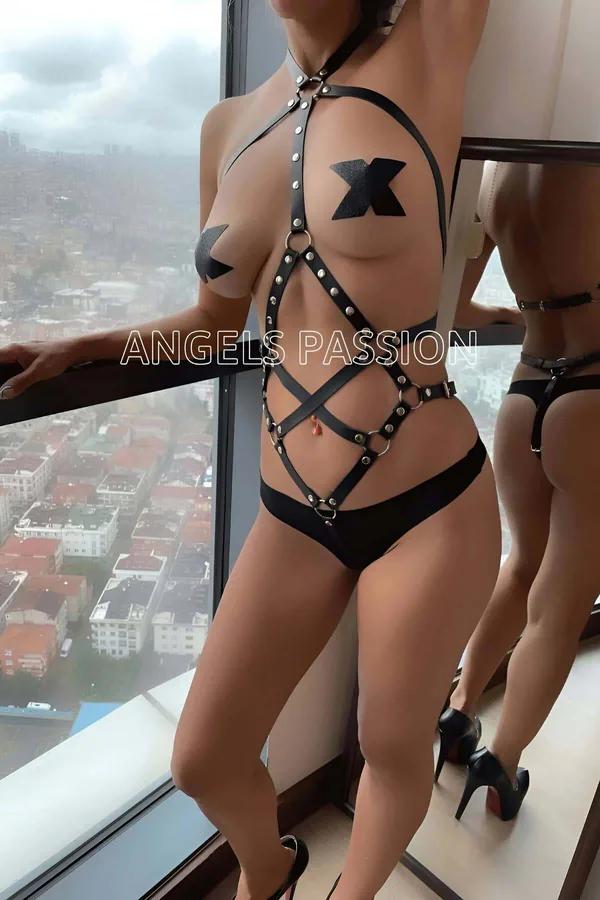 Black Faux Leather Full Body Harness with O-Ring Chain and Stud Detail