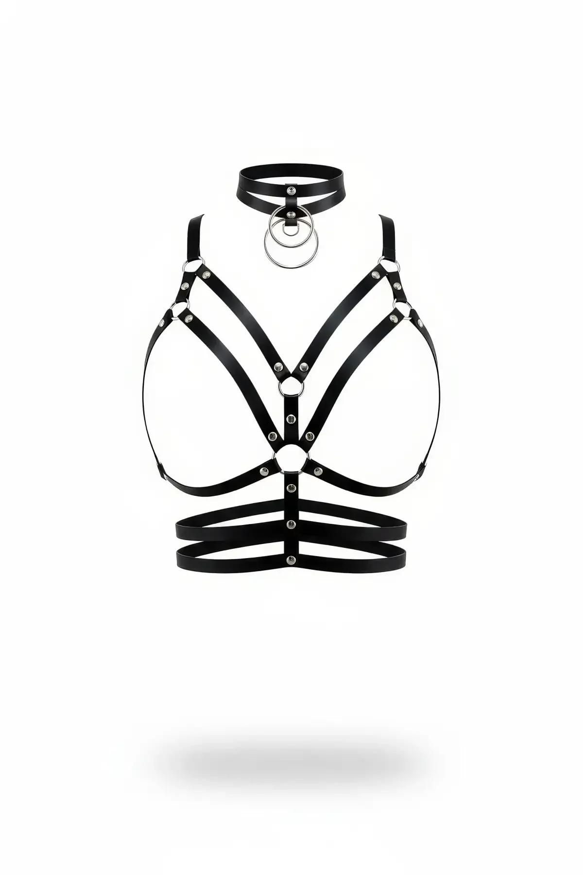 Faux Leather Harness Bra with Triple O-Ring Choker