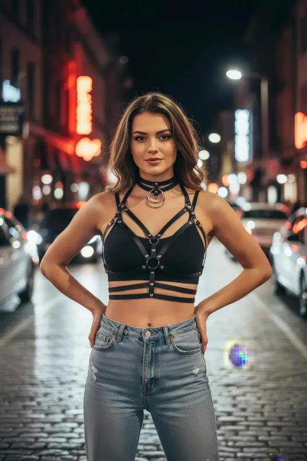 Studded Cage Harness Bra with Double O-Ring Choker