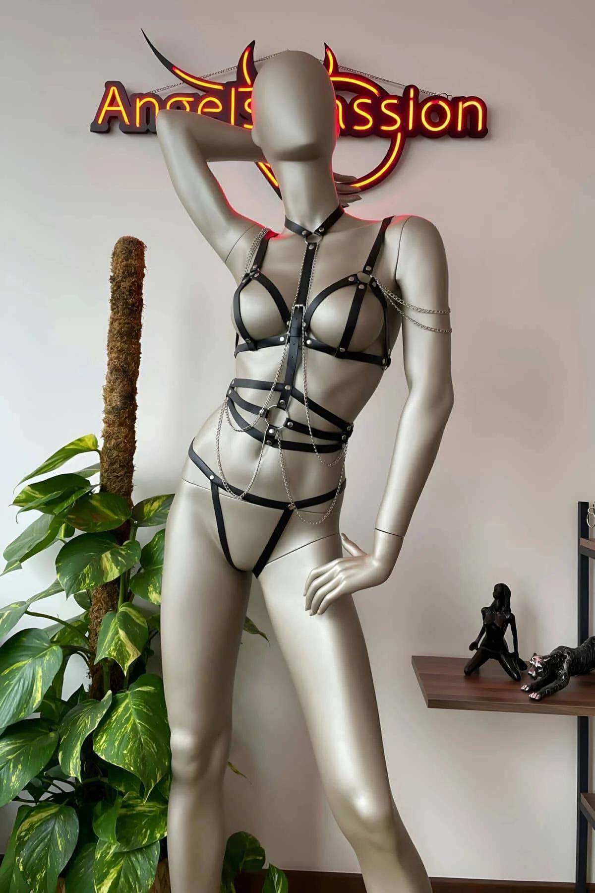 Faux Leather Full Body Harness with Chain Accents