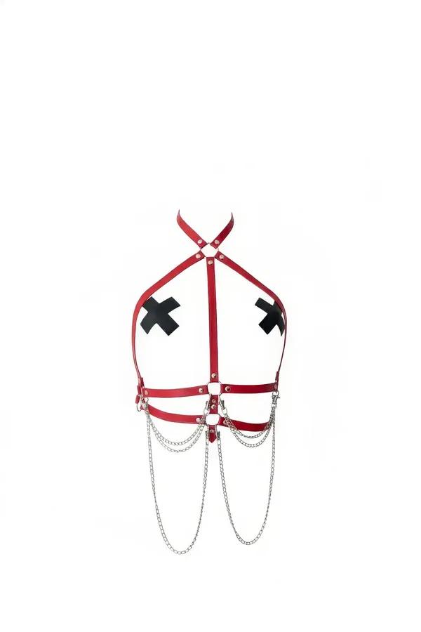 Red Halter Neck Body Harness with Cascading Chains