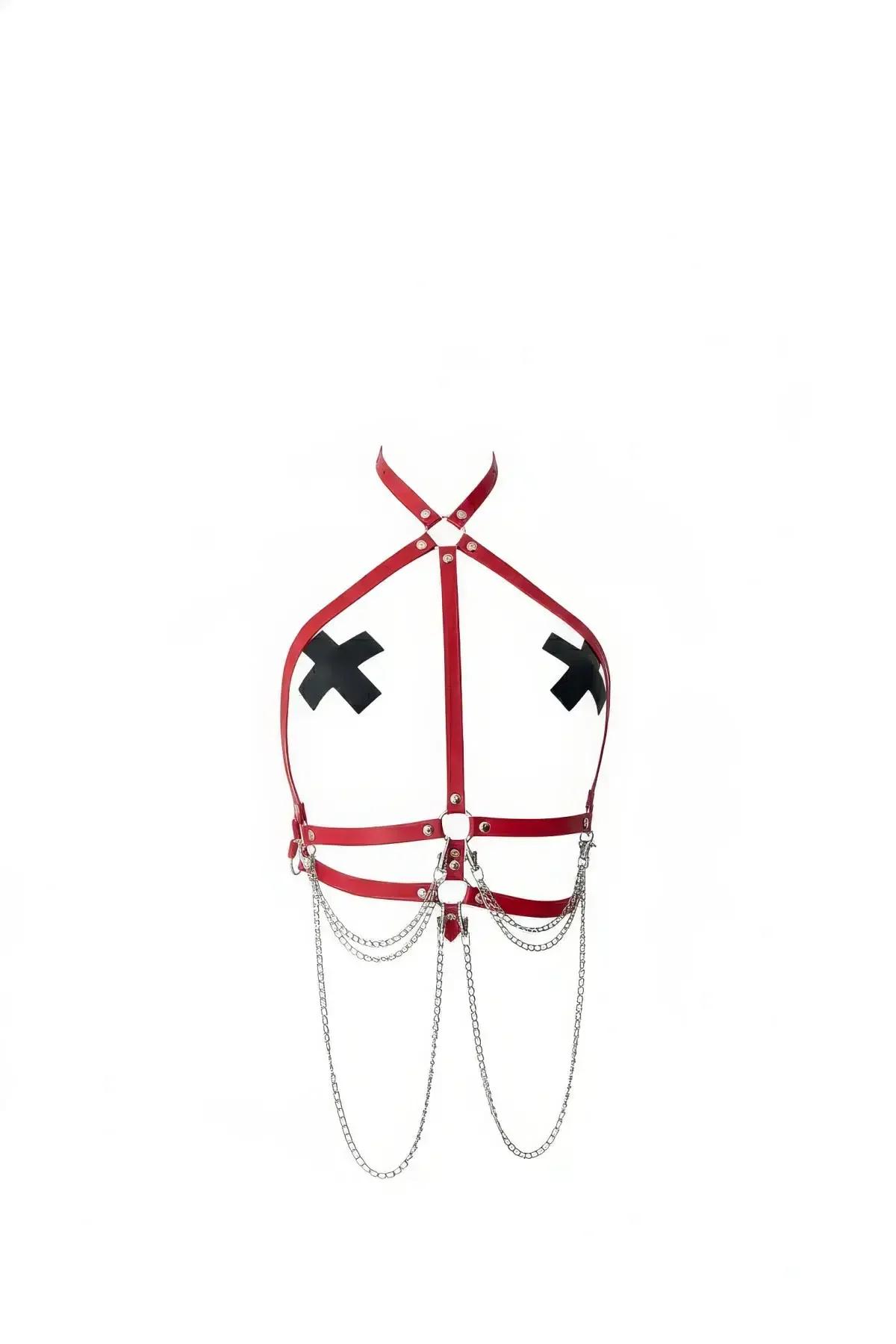 Red Halter Neck Body Harness with Cascading Chains